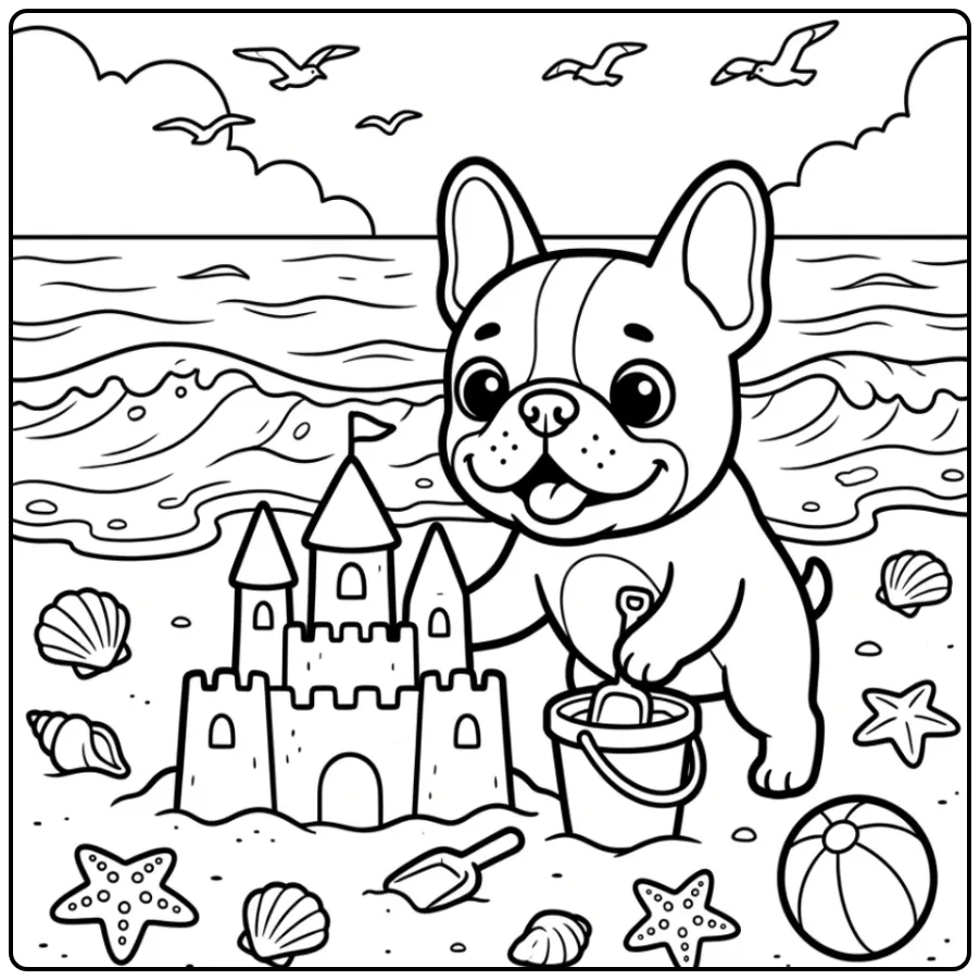 A cute French Bulldog Coloring Page of a dog building a sandcastle.