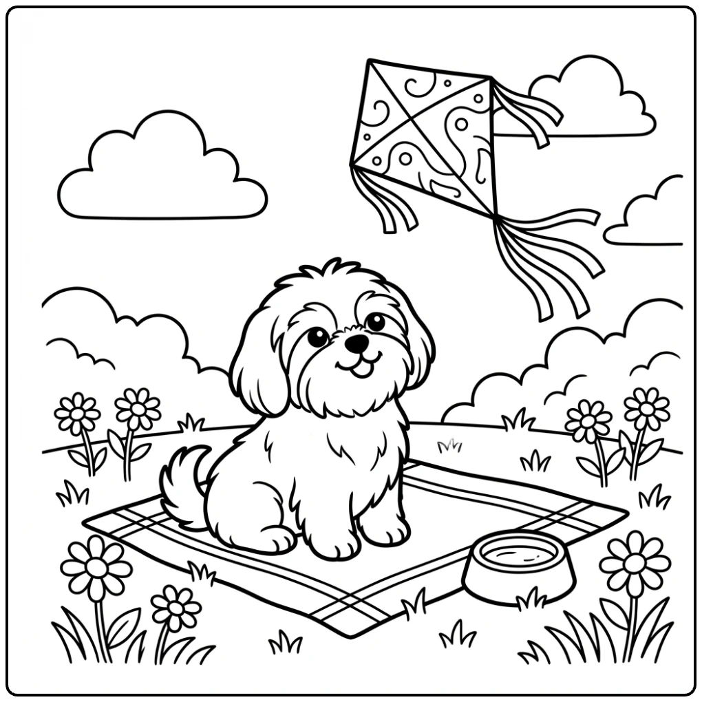 Cute Shih Tzu coloring page watching a kite in the park.