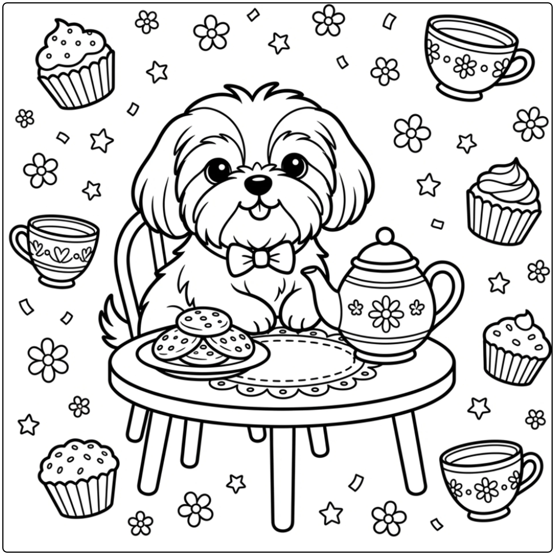 Cute Shih Tzu coloring page at a tea party with sweet treats.