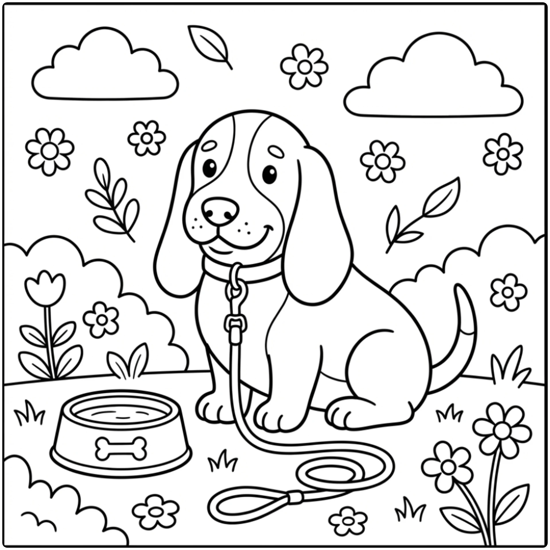 Cute Basset Hound coloring page for beginners with a leash.