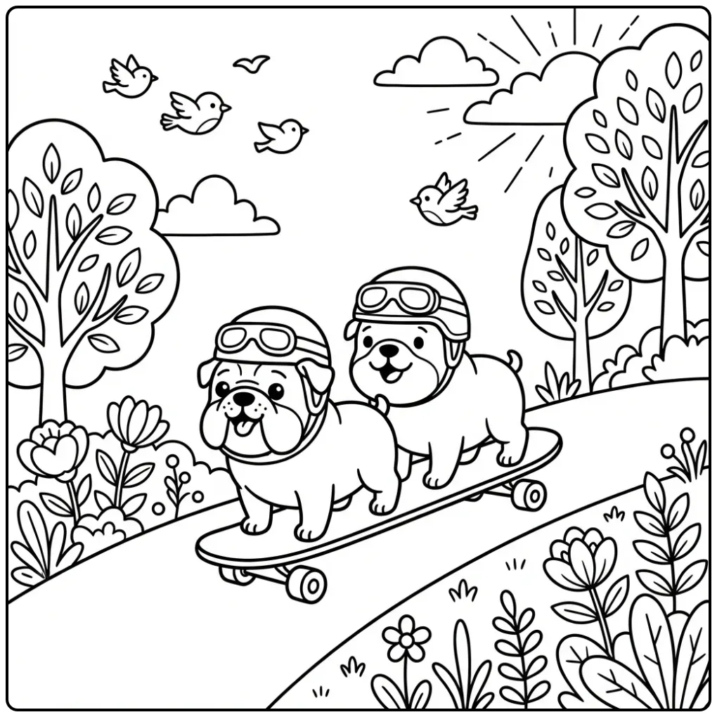Two cute cartoon bulldogs on a skateboard Bulldog Coloring Page.