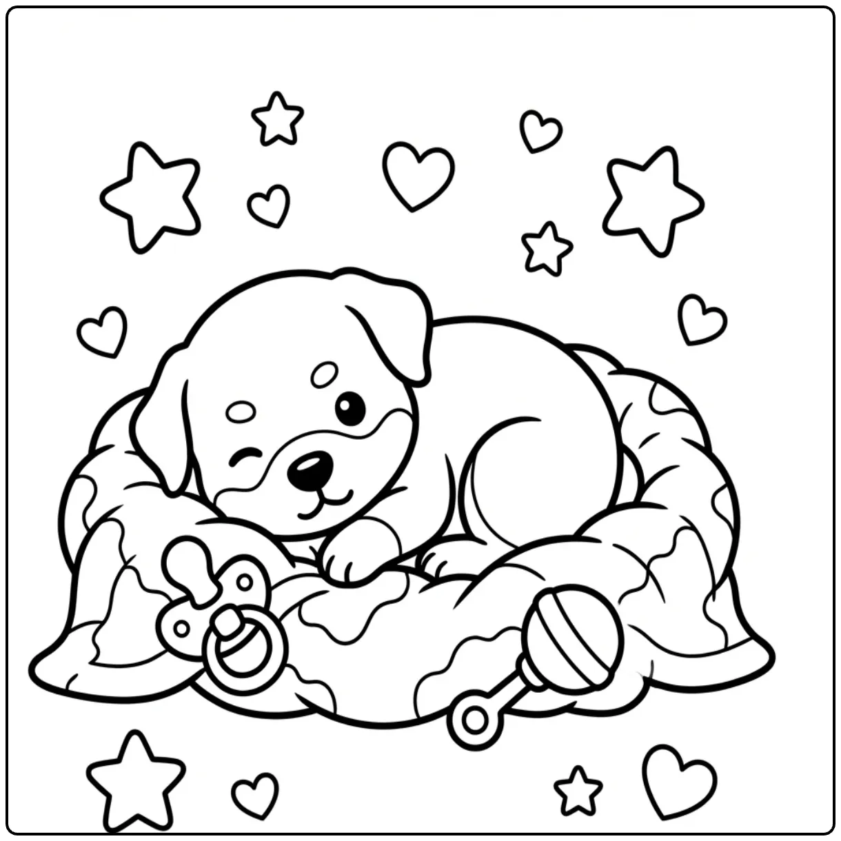 Adorable Baby Rottweiler coloring page in a blanket nest.