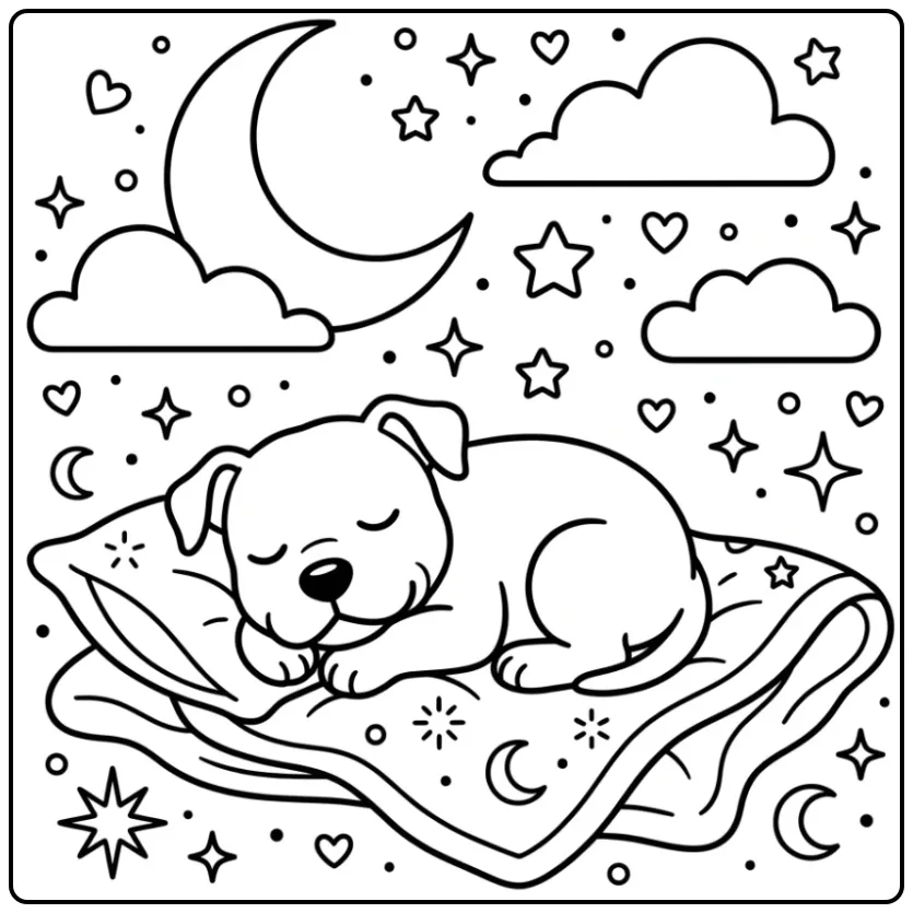 A cute dreaming puppy on a cozy blanket Pitbull Coloring Page.