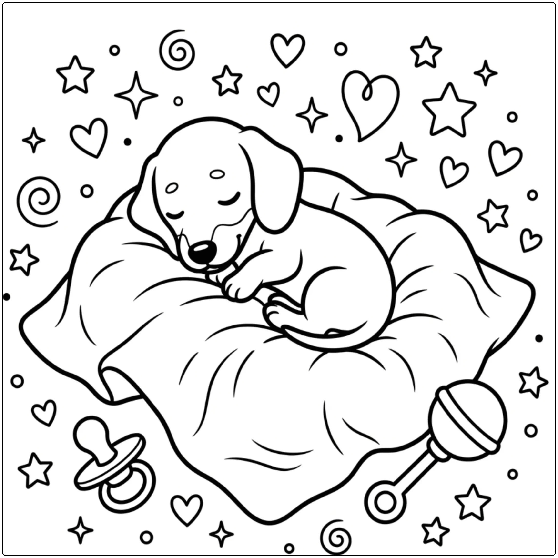 Cute Baby Dachshund coloring page with rattle and blankets.