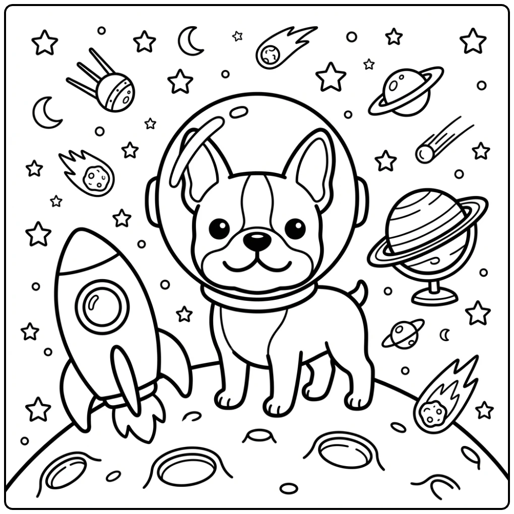 Cute astronaut Boston Terrier coloring page with rocket