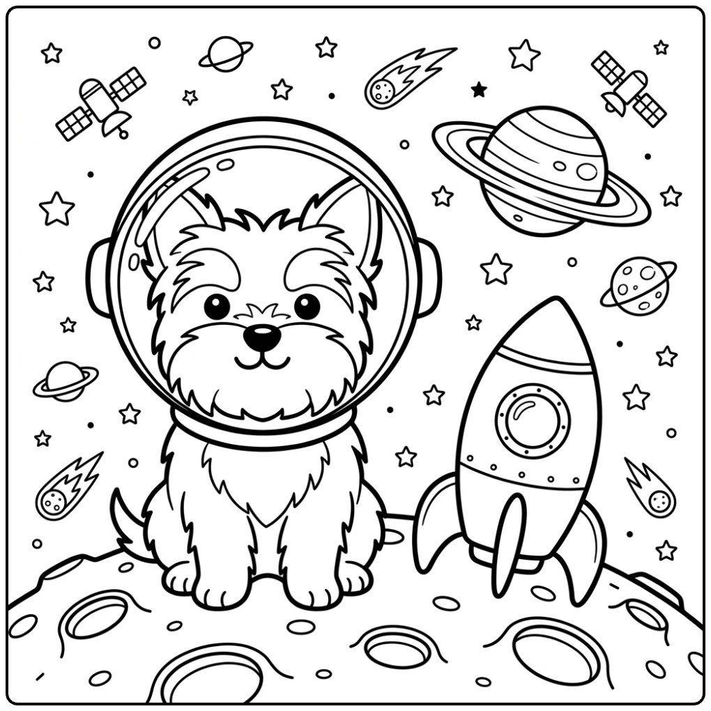 Astronaut puppy Yorkie coloring page with stars and planets