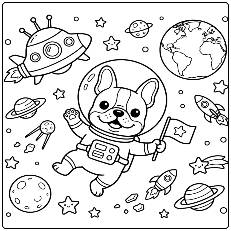 A cute astronaut French Bulldog Coloring Page floating in space.