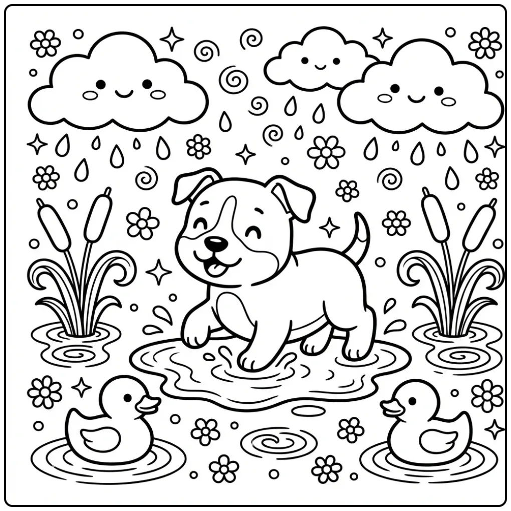 A cute cartoon Pitbull Puppy Coloring Page splashing in a puddle.