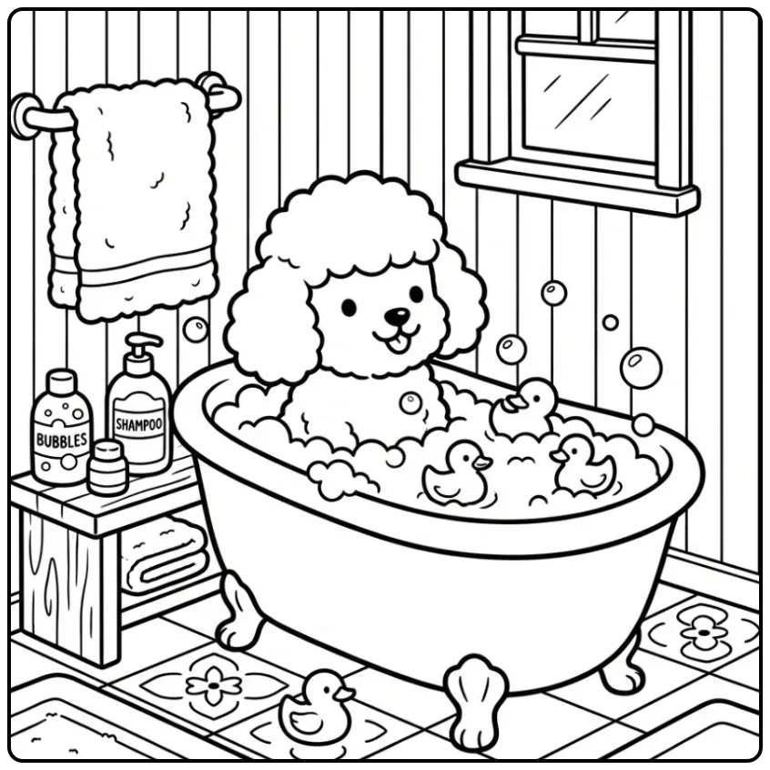 A bubbly bath time scene for a Cute Poodle Coloring Page.