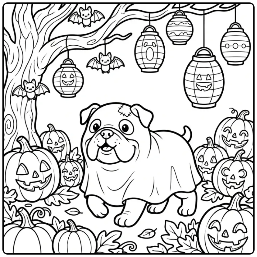 A ghost dog in a pumpkin patch Halloween Bulldog Coloring Page.