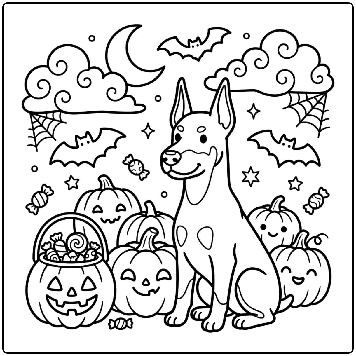 Cute Halloween Doberman coloring page with pumpkins and bats.