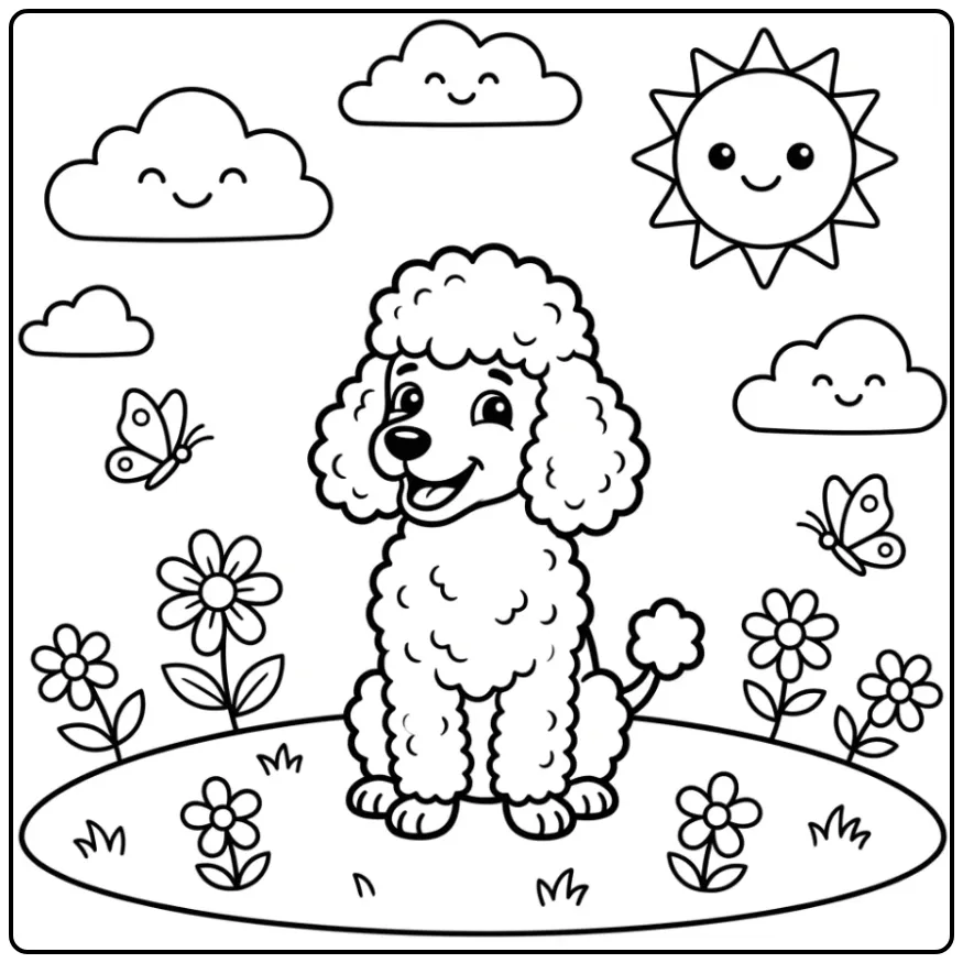 A cheerful dog on a grassy hill, a Simple Poodle Coloring Page.