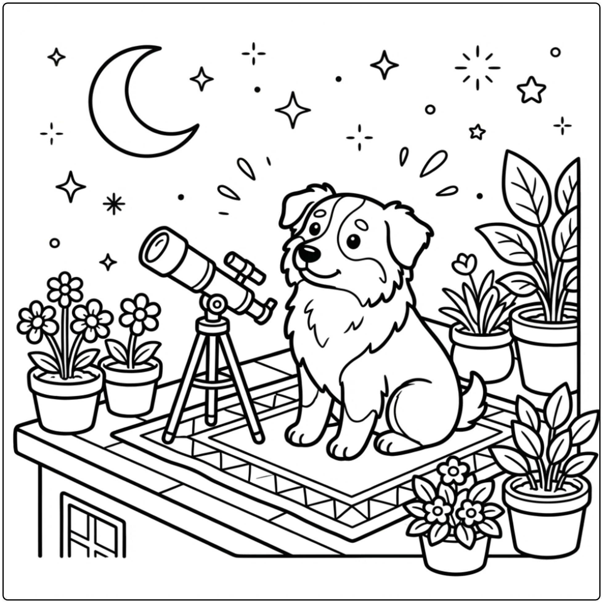 Australian Shepherd coloring page with telescope and moon