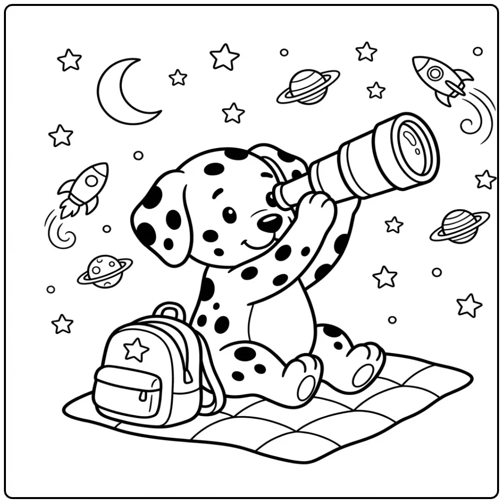 Cute astronomer puppy Dalmatian coloring page with telescope.