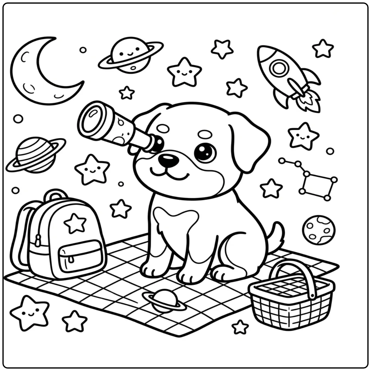 Cute Rottweiler puppy coloring page looking at moon and stars