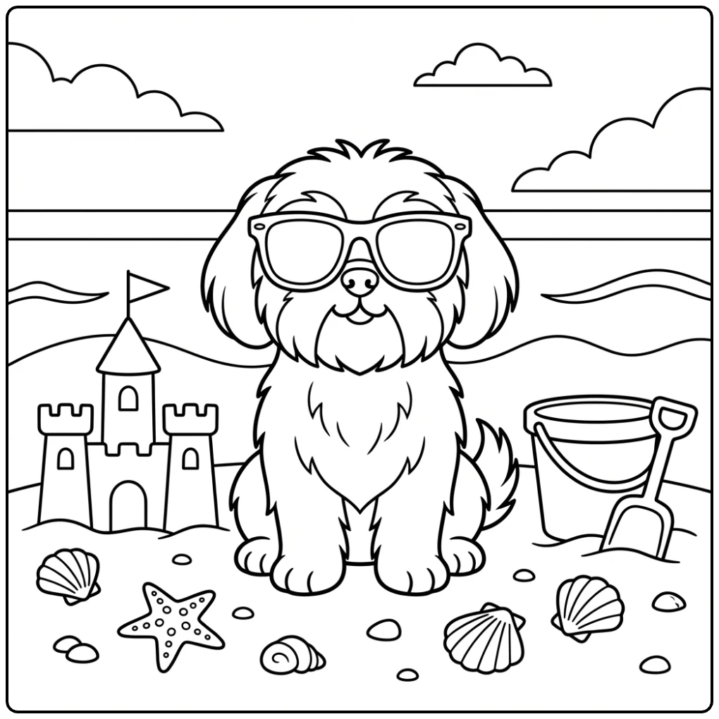 Cute Shih Tzu coloring page with dog in sunglasses on beach.