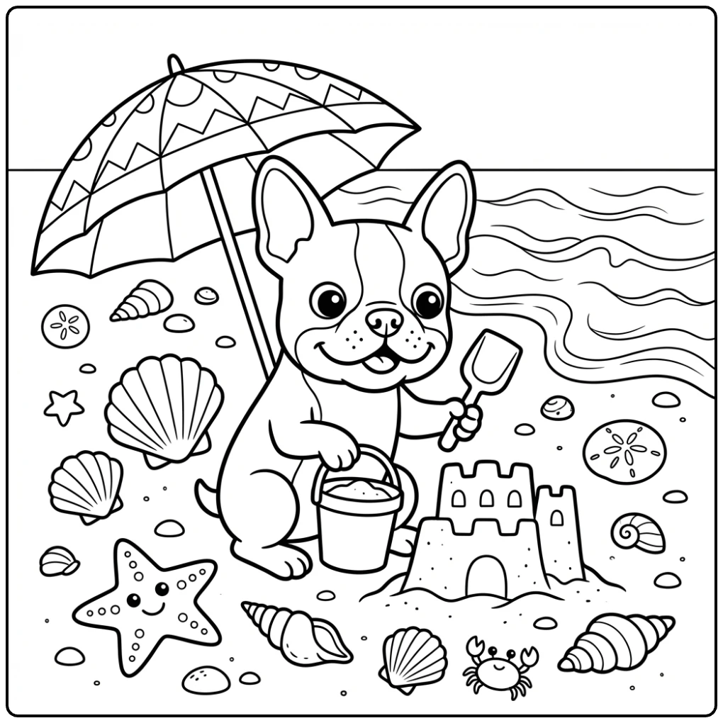 Cute Boston Terrier coloring page building a sandcastle.