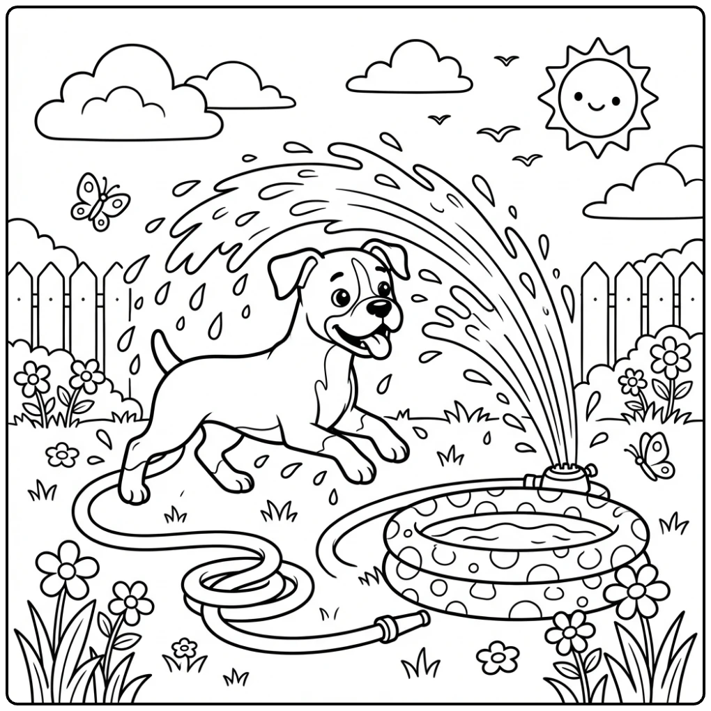 Cute summer boxer dog coloring page playing in sprinkler water