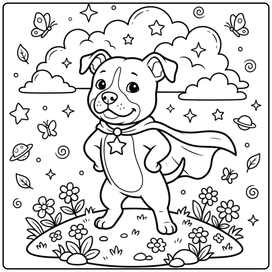A heroic puppy superhero Pitbull Coloring Page with a cape.