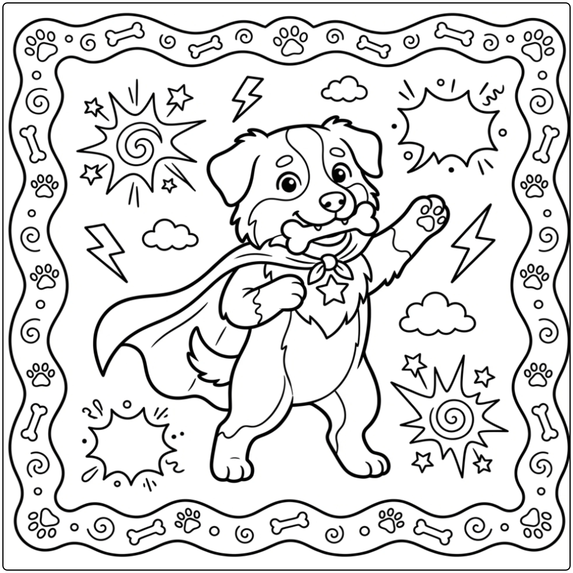 Cute hero Australian Shepherd coloring page with a cape.