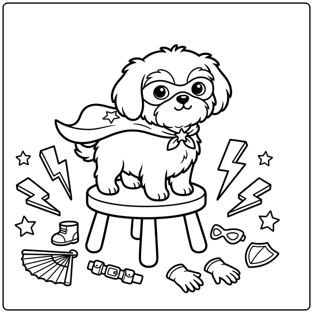 Cute superhero dog on a stage in a fun Shih Tzu coloring page