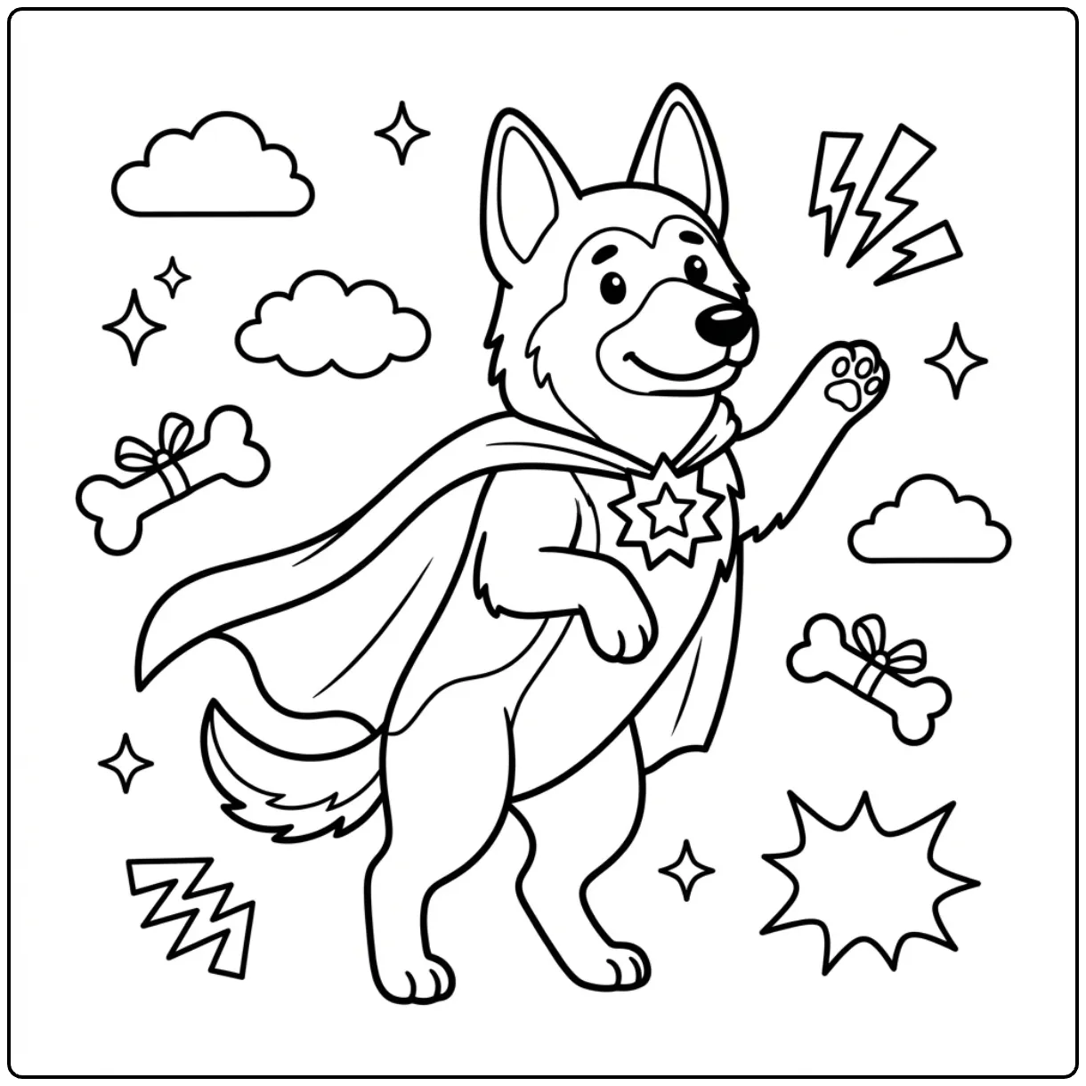 Cute hero dog German Shepherd coloring page with cape