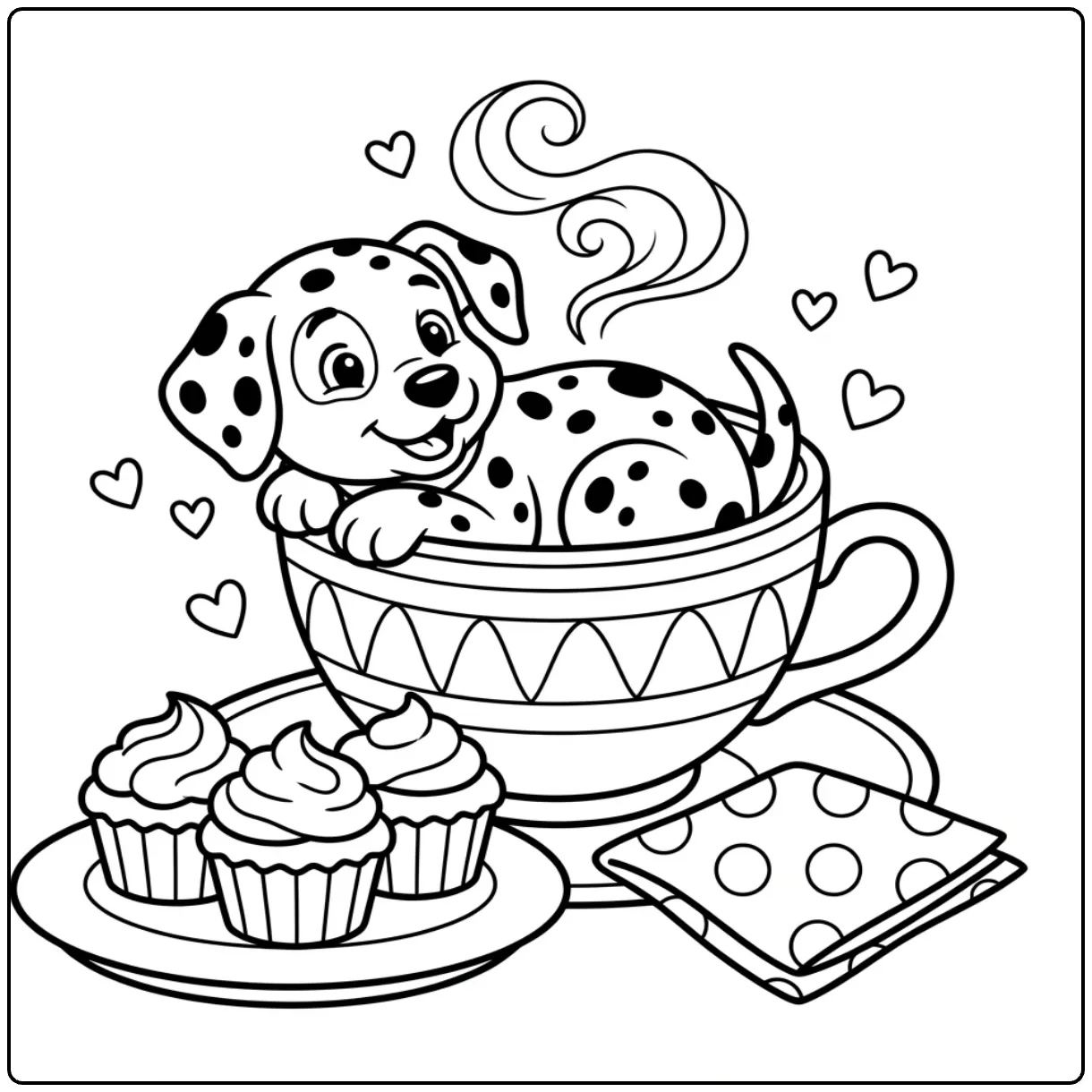 Cute Dalmatian Puppy coloring page in a teacup with cupcakes