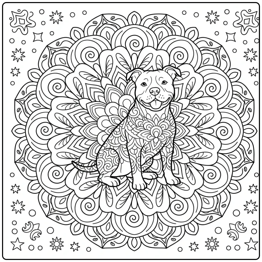A proud dog sits within a floral Mandala Pitbull Coloring Page.