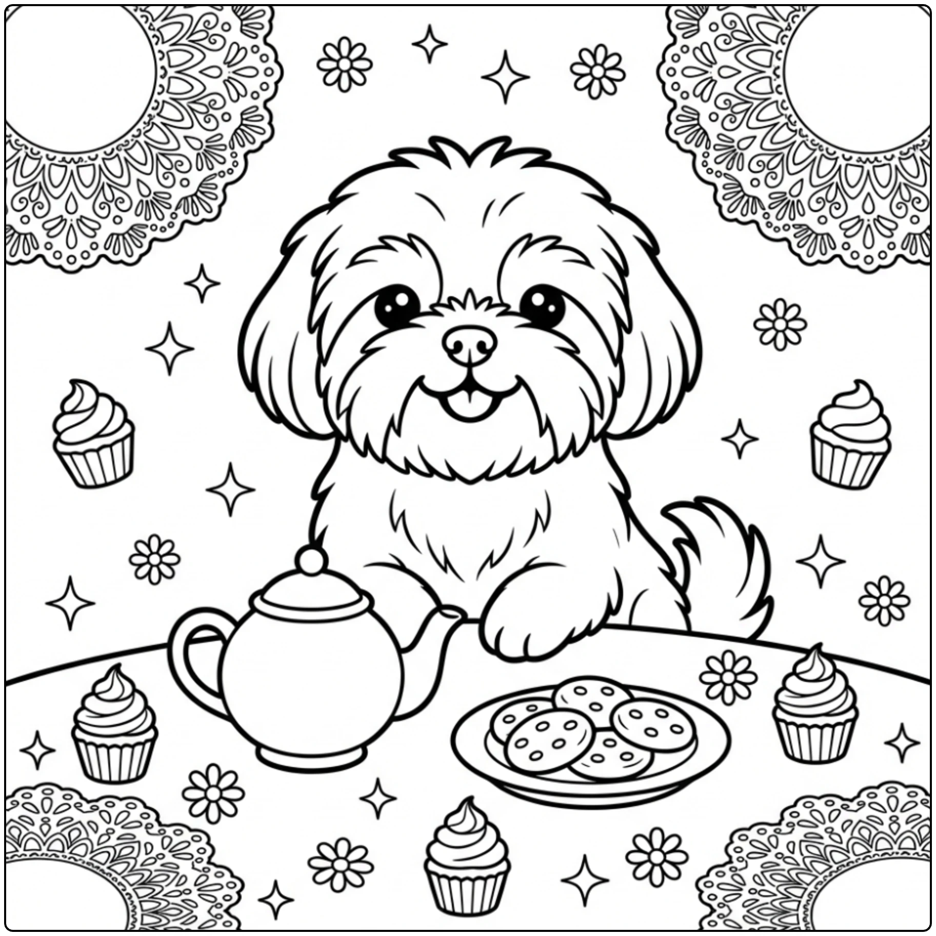 A cute Shih Tzu coloring page with a teapot and cookies.