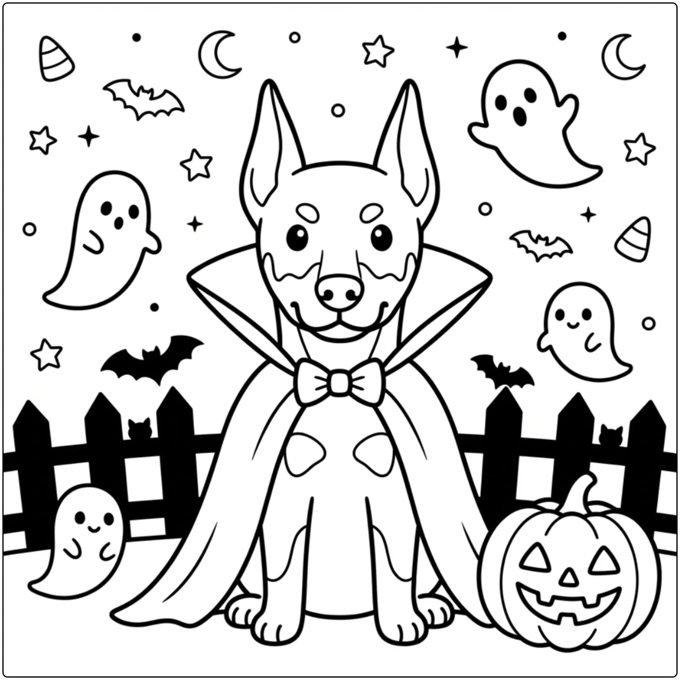Cute Halloween Doberman coloring page with a vampire cape.