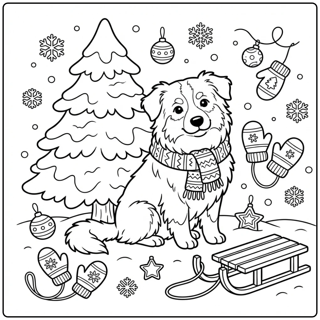 Cute Australian shepherd in snow coloring page with scarf