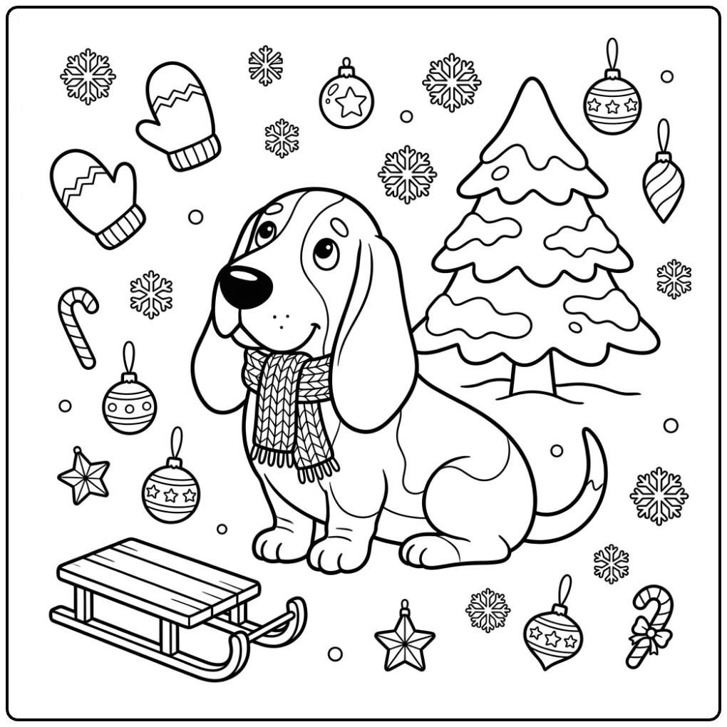 Cute Basset Hound coloring page with a scarf and pine tree.