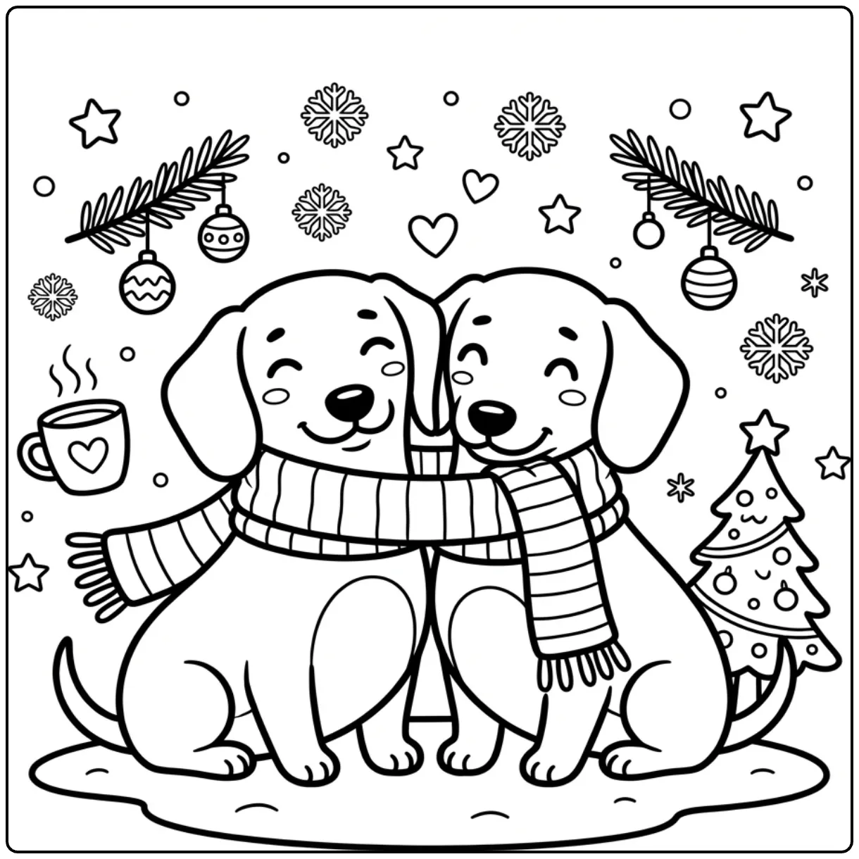 Cute Dachshund coloring page of two dogs sharing a scarf.