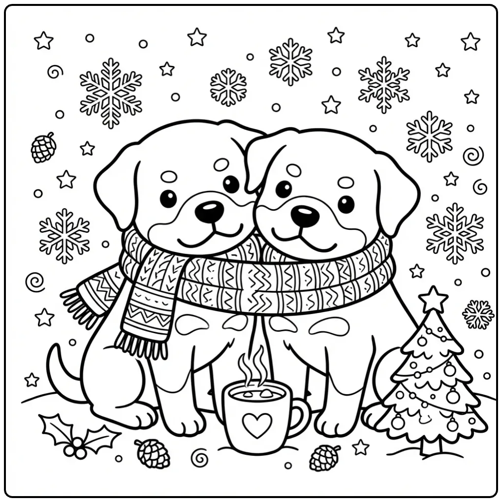 Two puppies sharing scarf Cute Rottweiler coloring page
