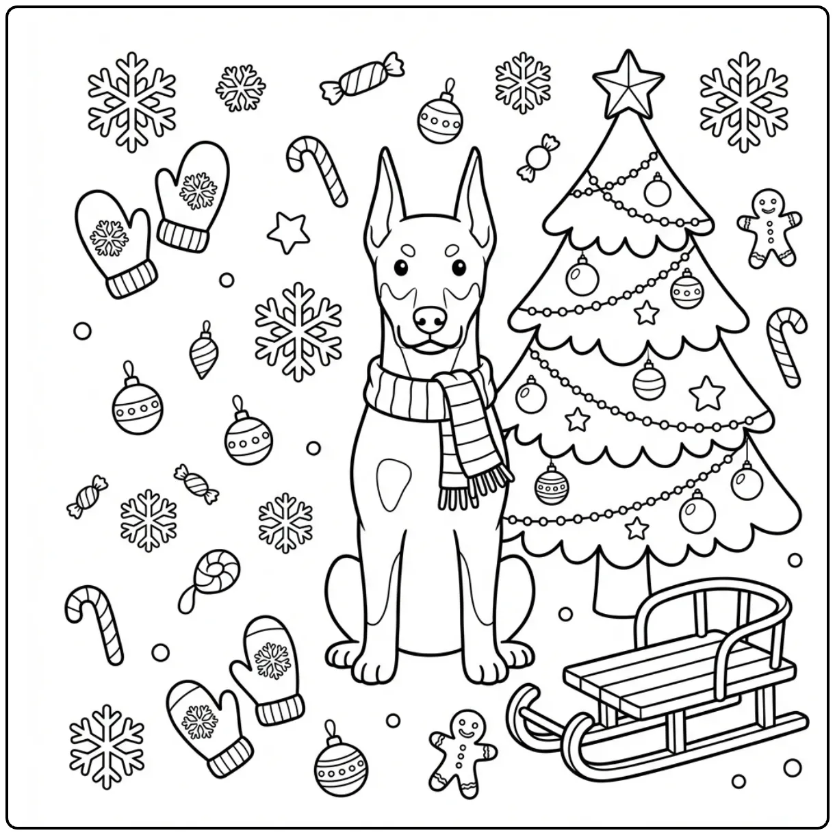 Cute Doberman coloring page with winter scarf and sled