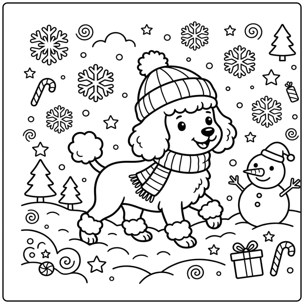 A friendly Poodle Coloring Page wearing a winter hat and scarf.