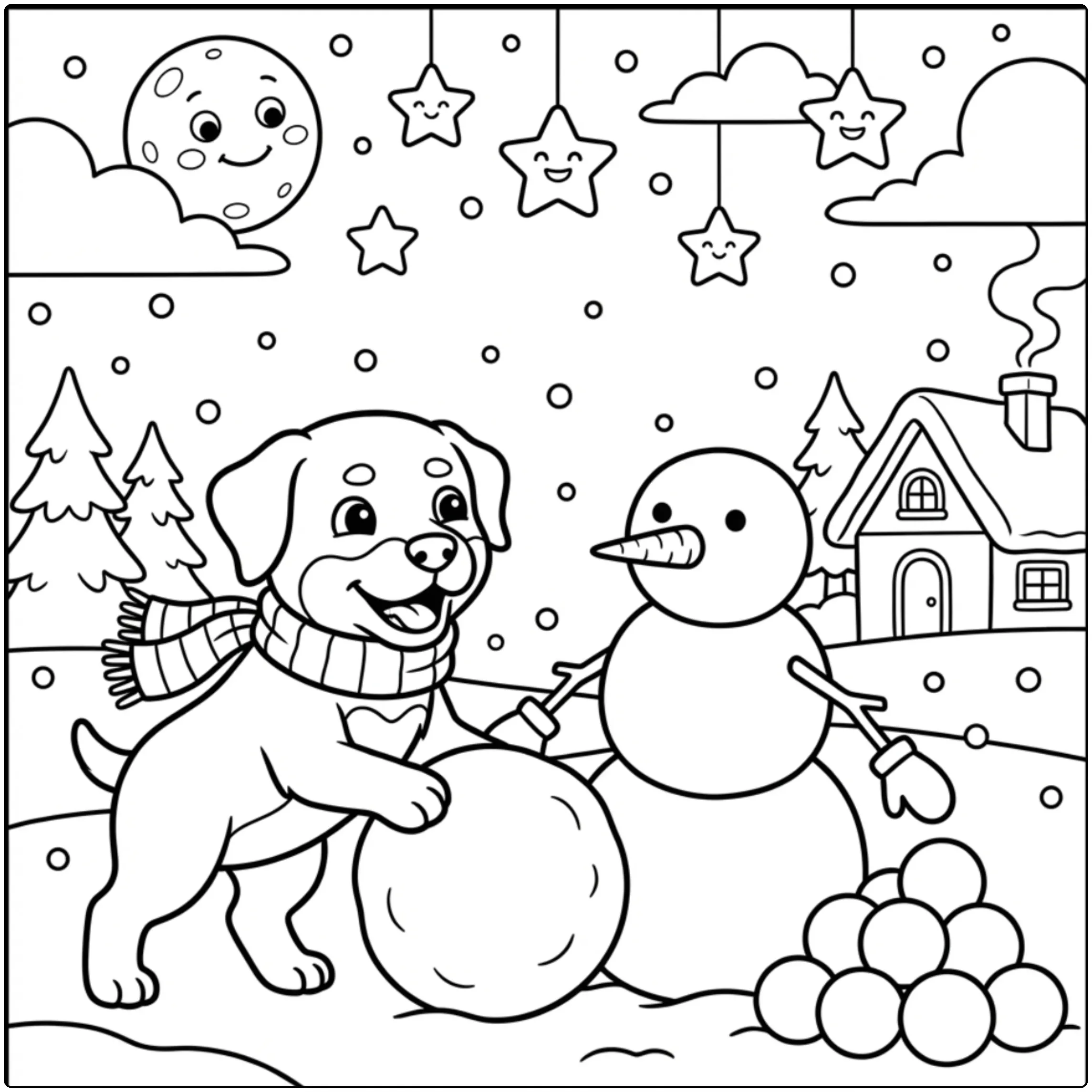 Cute Winter Rottweiler coloring page with pup building a snowdog