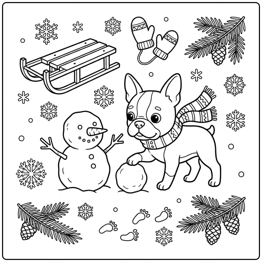 Cute Boston Terrier coloring page building a snow dog.