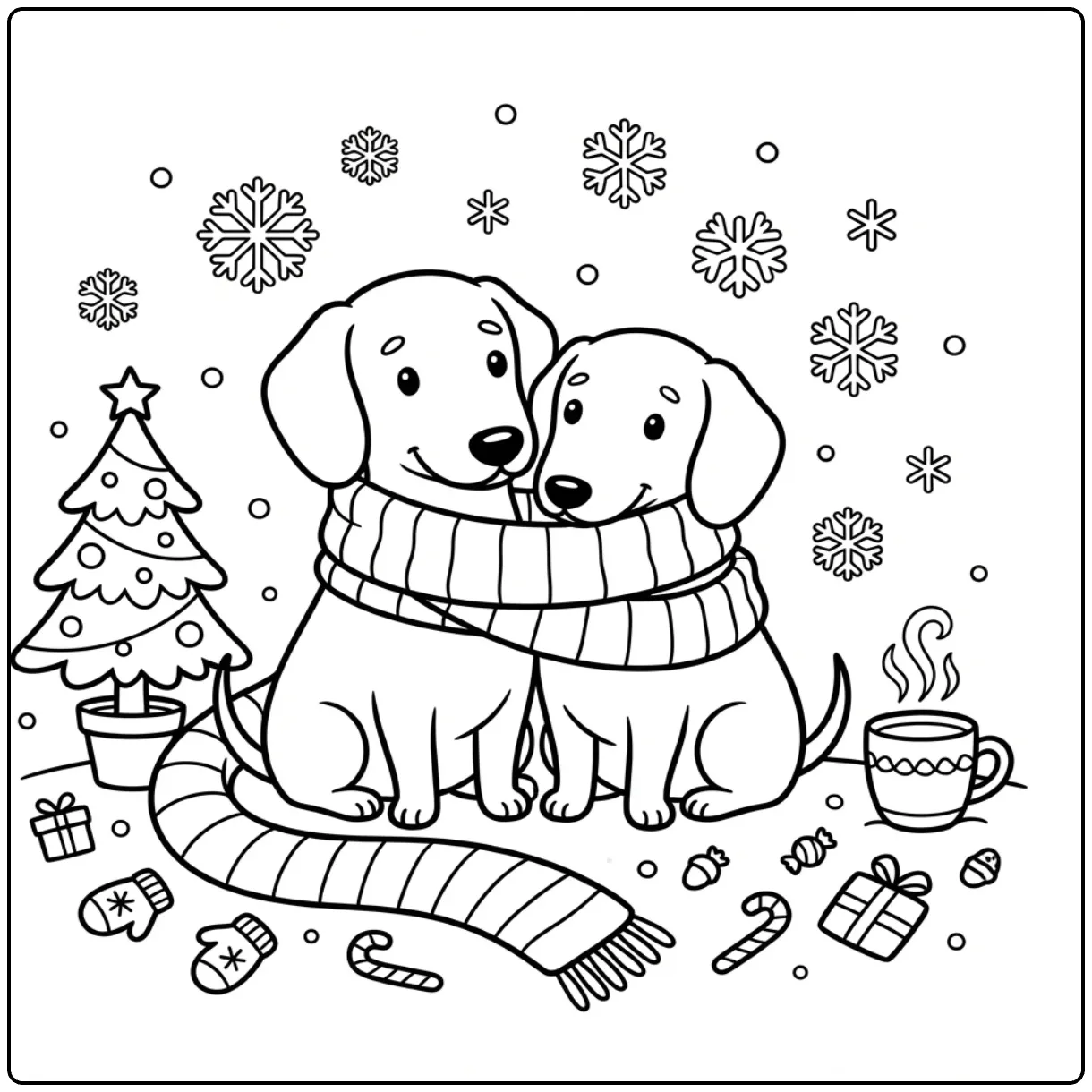 Dachshund coloring page of two dogs in a cozy scarf
