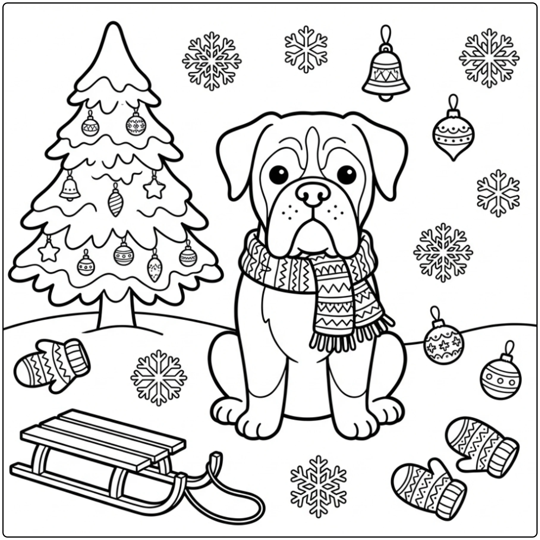 Cute Boxer Dog coloring page with a scarf, sled, and pine tree.