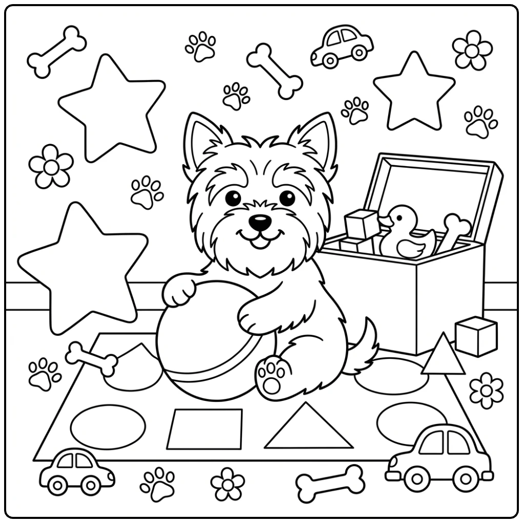 Simple Yorkie coloring page for preschool with a toy ball