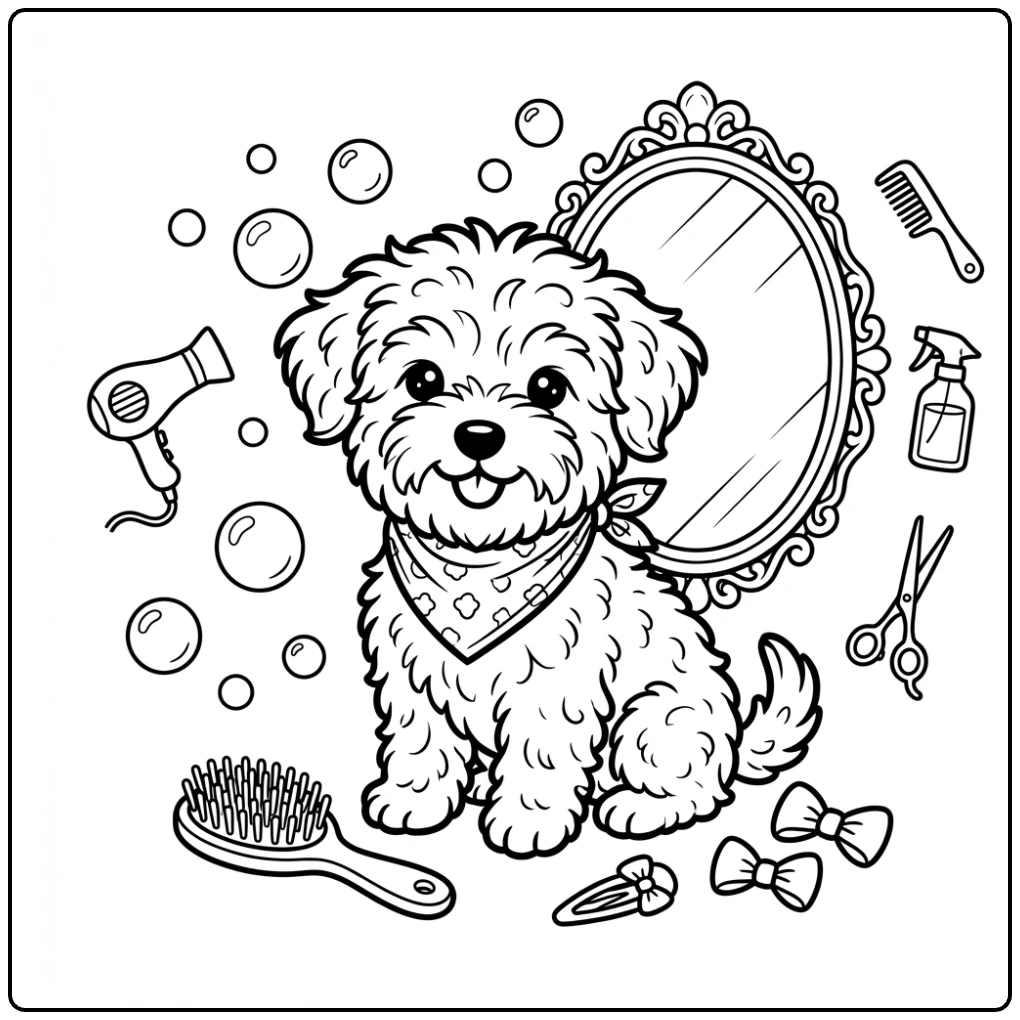 Cute salon style Yorkie Poo coloring page with a bandana.