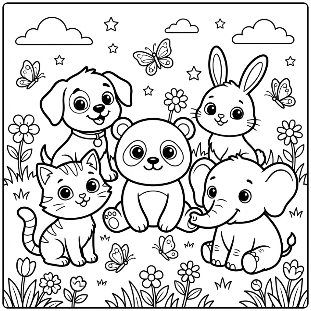 Cute garden friends illustration for animal coloring page