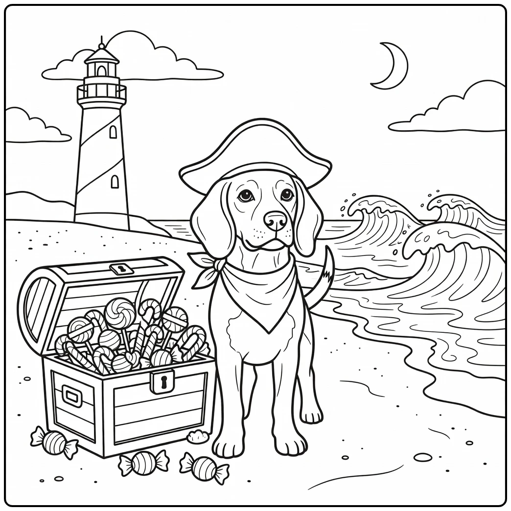 Pirate Beagle with treasure chest: halloween dog coloring page.