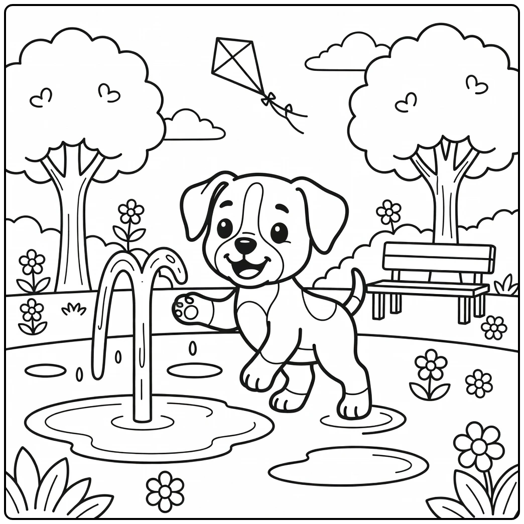 A Boxer puppy playing in a splash pad on a cute dog coloring page.