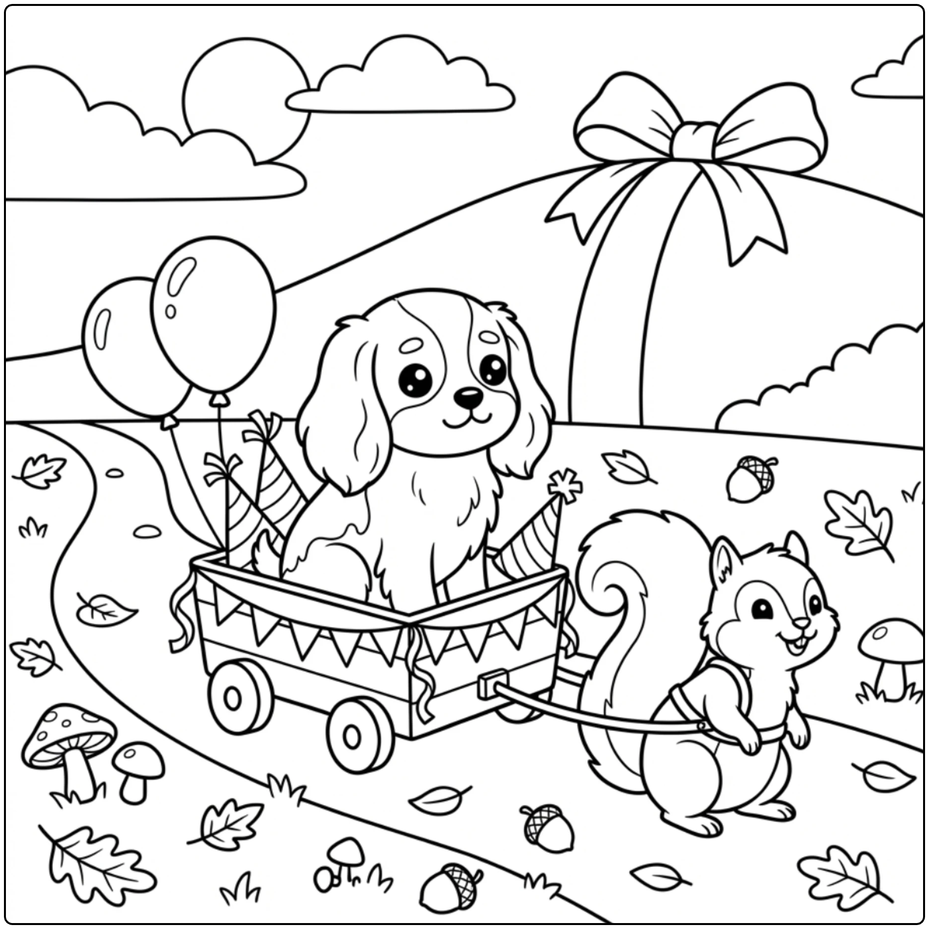 Cavalier King Charles Spaniel birthday coloring page wagon.