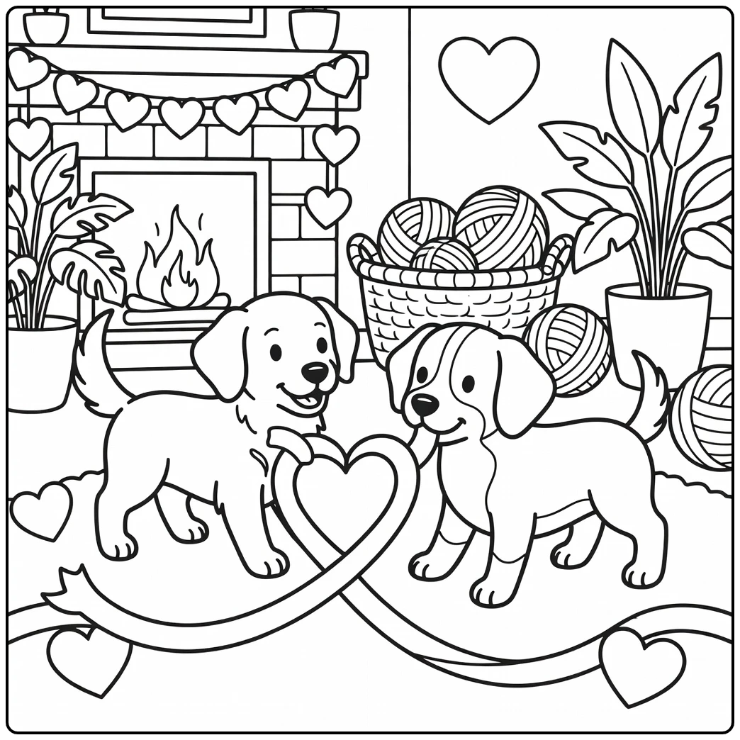 Two cute dogs play with a heart ribbon, a valentine dog coloring page.