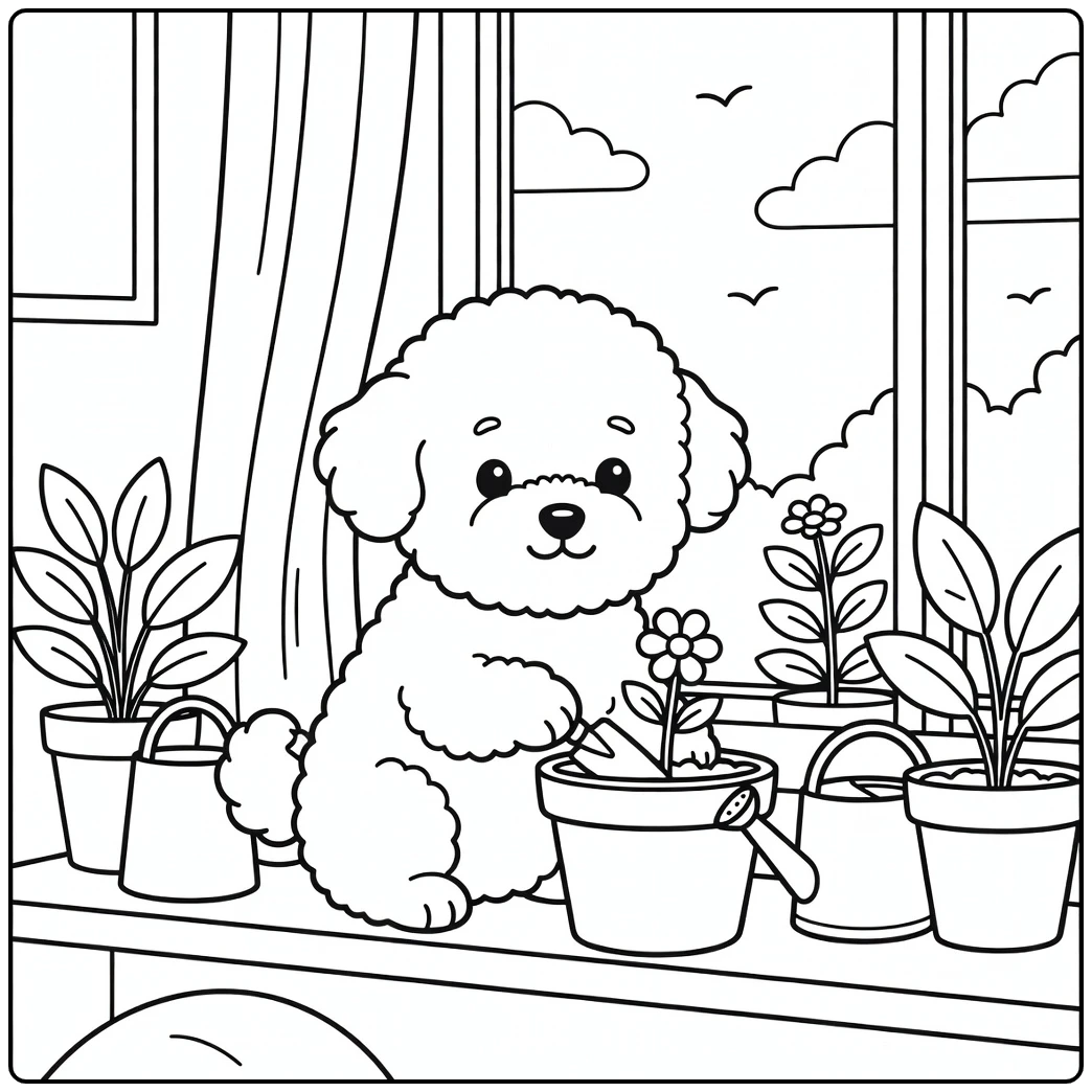 A fluffy Bichon Frise gardener cute dog coloring page.