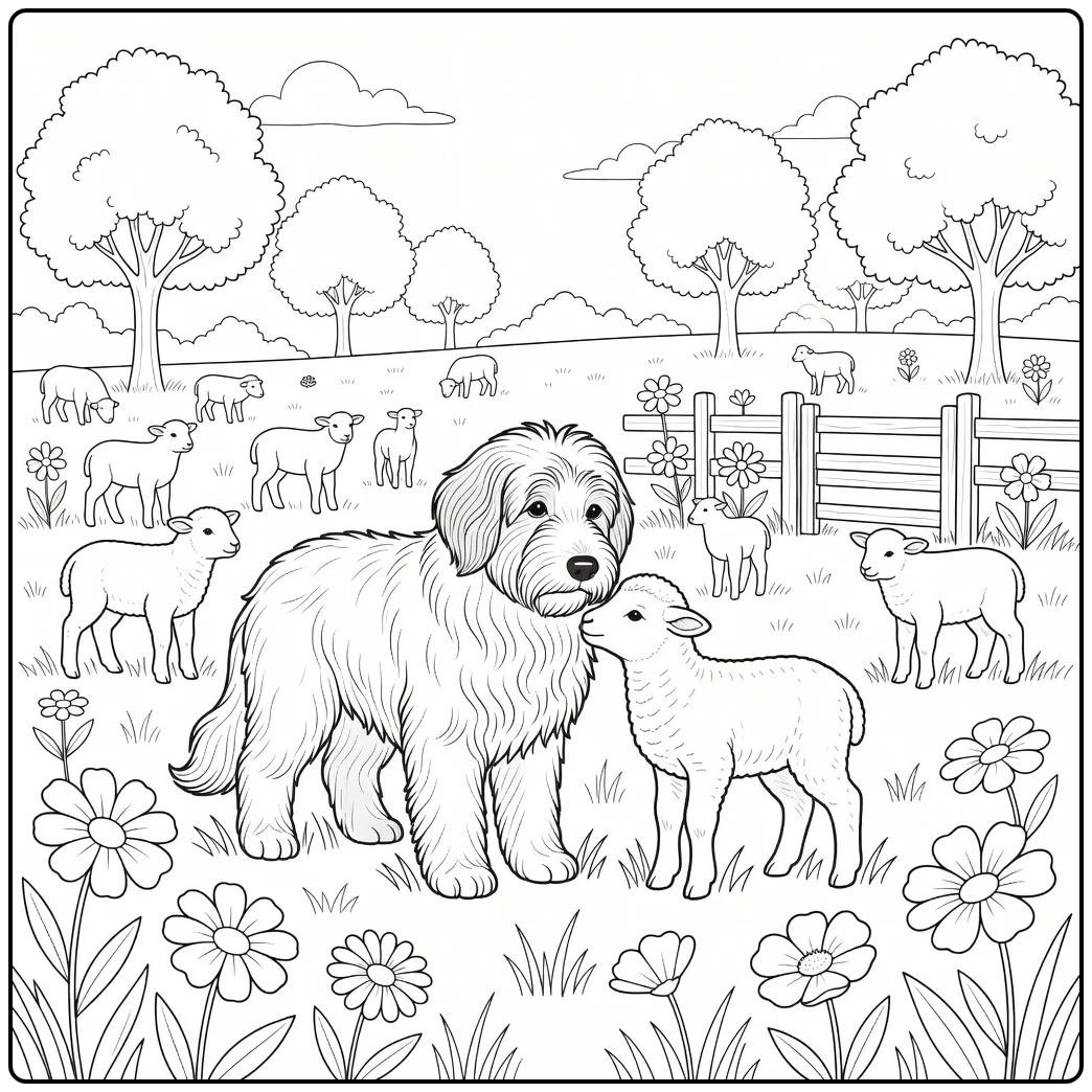 Spring meadow sheepdog coloring page, dog nose-to-nose with lamb.