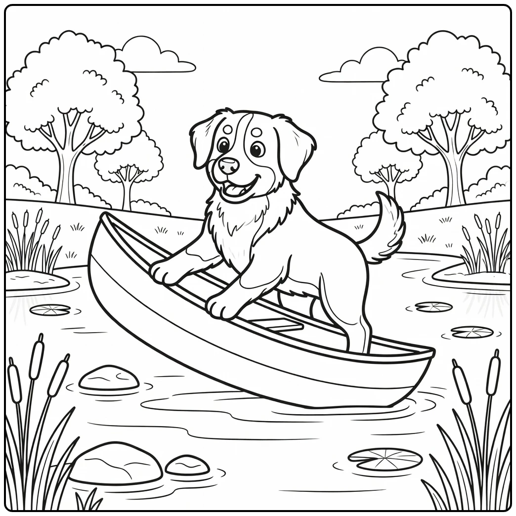 A wobbly canoe bernese mountain dog coloring page scene.